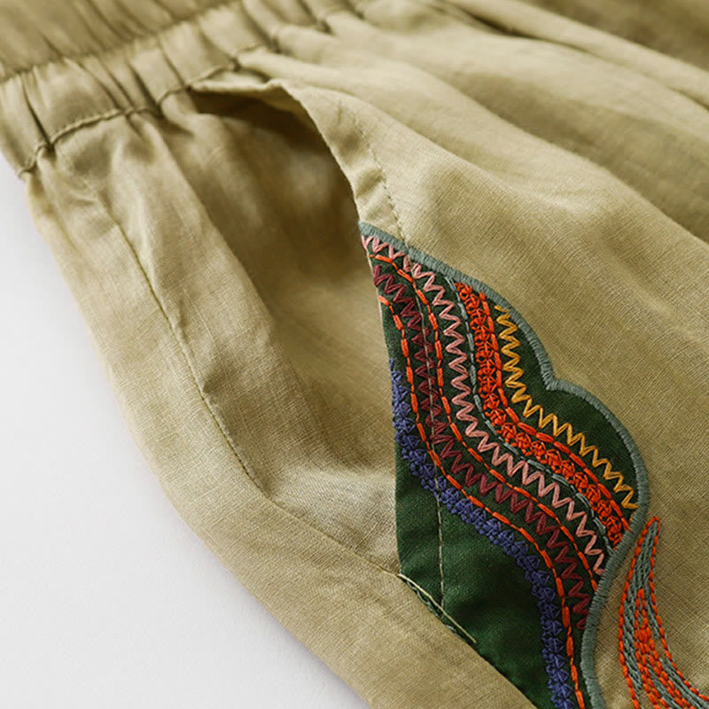 Buddha Stones Summer Embroidery Double Layer Cotton Linen Women's Wide Leg Pants With Pockets - image 2