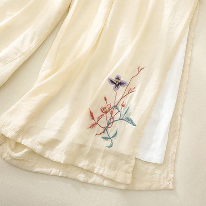 Buddha Stones Artistic Embroidery Flower Double Layer Chinese Frog Button Split Cotton Linen Women's Wide Leg Pants - image 8