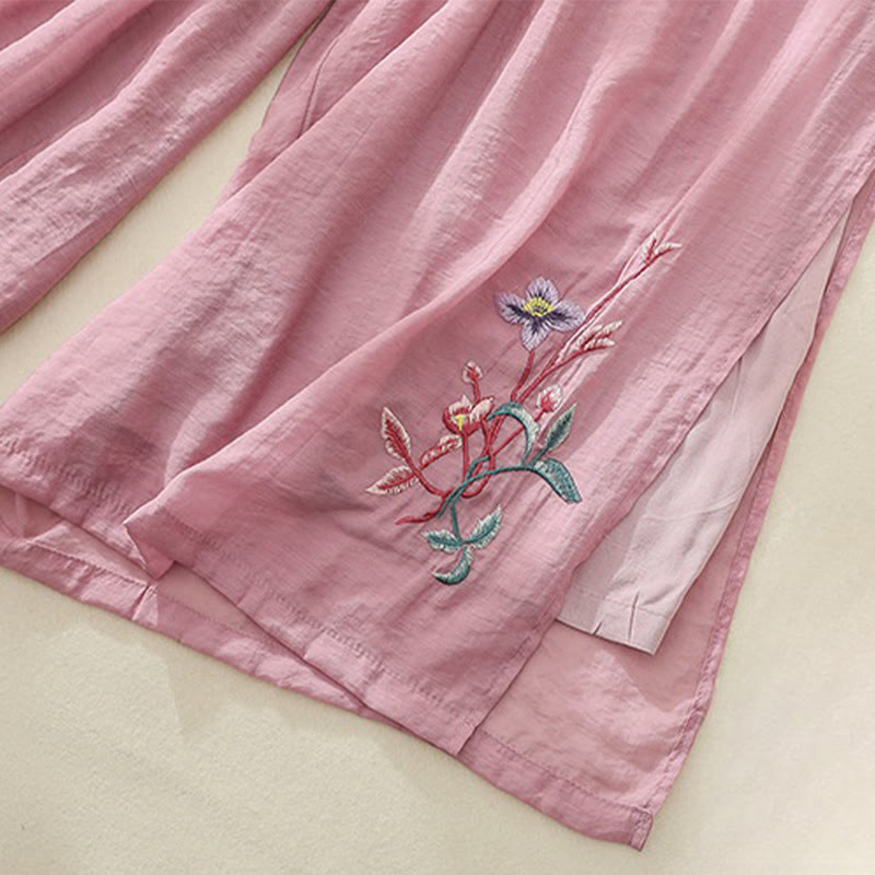 Buddha Stones Artistic Embroidery Flower Double Layer Chinese Frog Button Split Cotton Linen Women's Wide Leg Pants - image 2