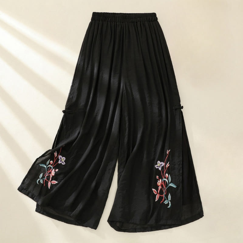 Buddha Stones Artistic Embroidery Flower Double Layer Chinese Frog Button Split Cotton Linen Women's Wide Leg Pants - Black - US8-10，UK/AU12-14，EU40-42 (2XL) - image 14