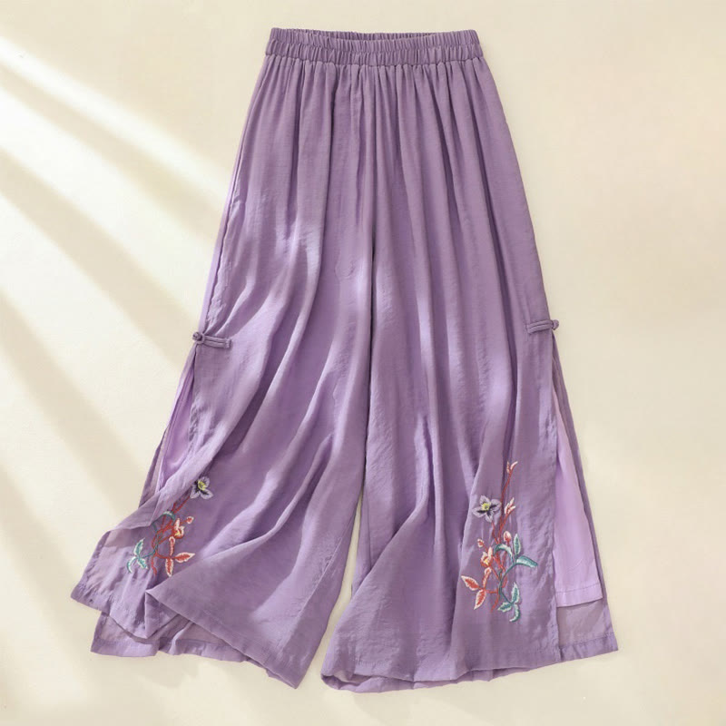 Buddha Stones Artistic Embroidery Flower Double Layer Chinese Frog Button Split Cotton Linen Women's Wide Leg Pants - MediumOrchid - US8-10，UK/AU12-14，EU40-42 (2XL) - image 10
