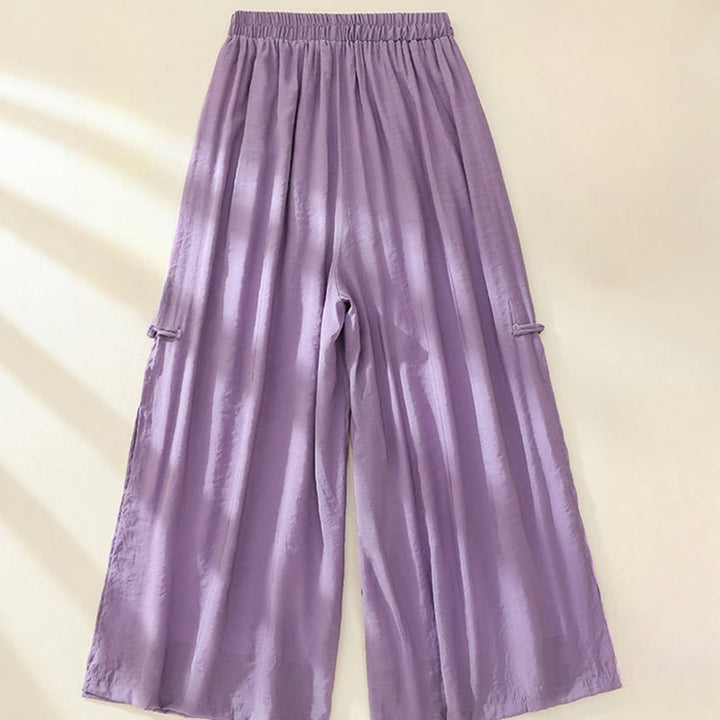 Buddha Stones Artistic Embroidery Flower Double Layer Chinese Frog Button Split Cotton Linen Women's Wide Leg Pants - image 11