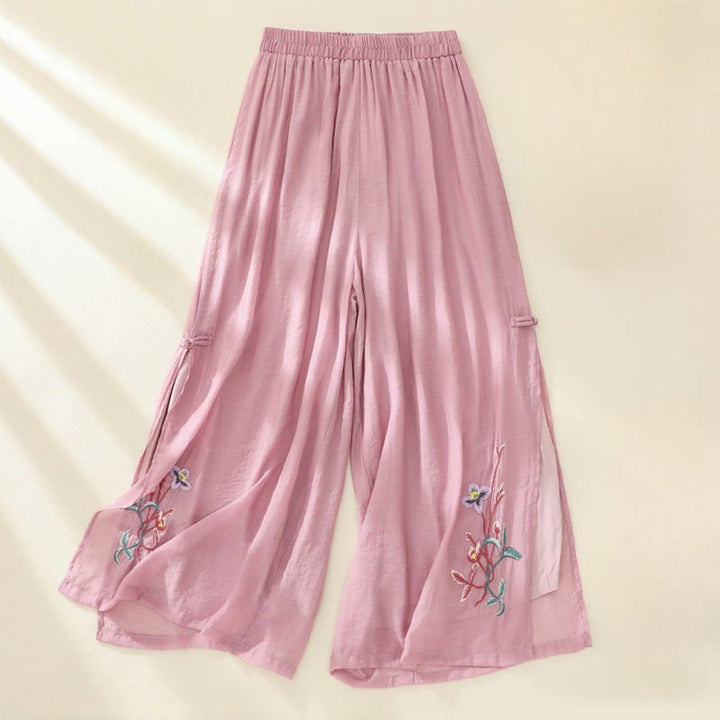 Buddha Stones Artistic Embroidery Flower Double Layer Chinese Frog Button Split Cotton Linen Women's Wide Leg Pants - PaleVioletRed - US8-10，UK/AU12-14，EU40-42 (2XL) - image 0