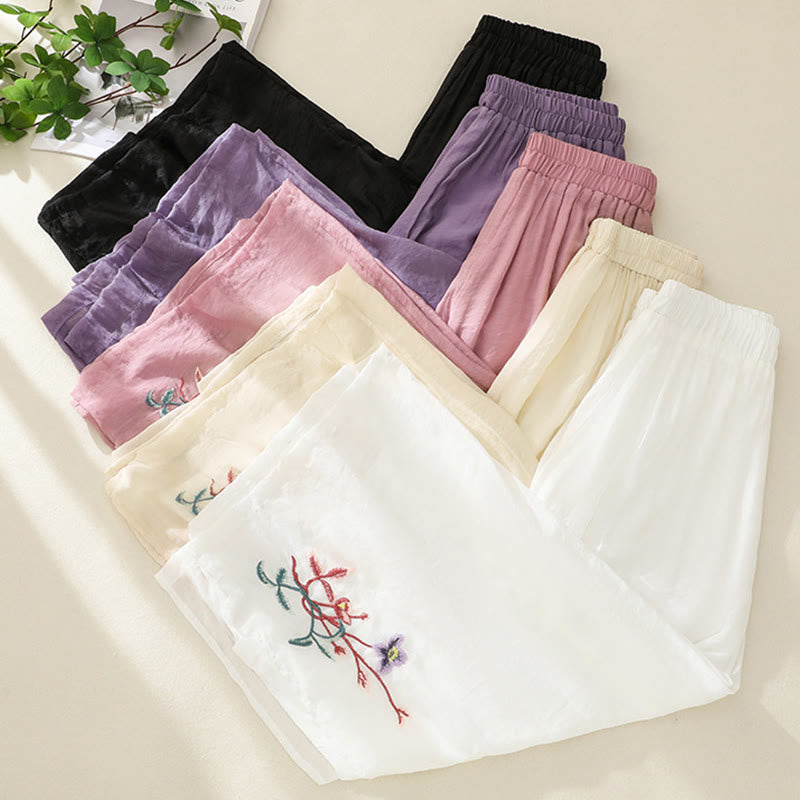 Buddha Stones Artistic Embroidery Flower Double Layer Chinese Frog Button Split Cotton Linen Women's Wide Leg Pants - image 19