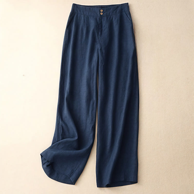 Buddha Stones Summer Casual Simple Design Linen Women's Wide Leg Pants With Zipper Pockets - Navy - US8-10，UK/AU12-14，EU40-42 (2XL) - image 55