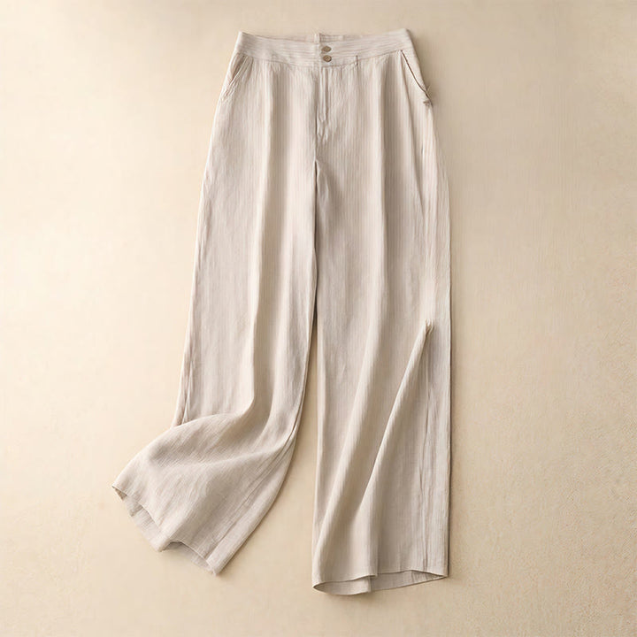 Buddha Stones Summer Casual Simple Design Linen Women's Wide Leg Pants With Zipper Pockets - Beige - US8-10，UK/AU12-14，EU40-42 (2XL) - image 42