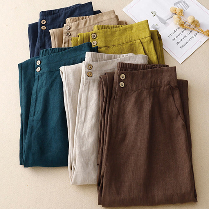 Buddha Stones Summer Casual Simple Design Linen Women's Wide Leg Pants With Zipper Pockets - image 66