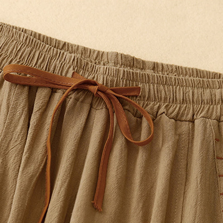 Buddha Stones Casual Simple Design Drawstring Split Cotton Linen Women's Wide Leg Pants With Pockets - image 1
