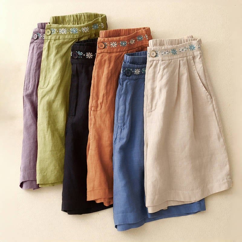 Buddha Stones Summer Casual Embroidery Flower Pleated Zipper Button Cotton Linen Women's Shorts With Pockets - image 29