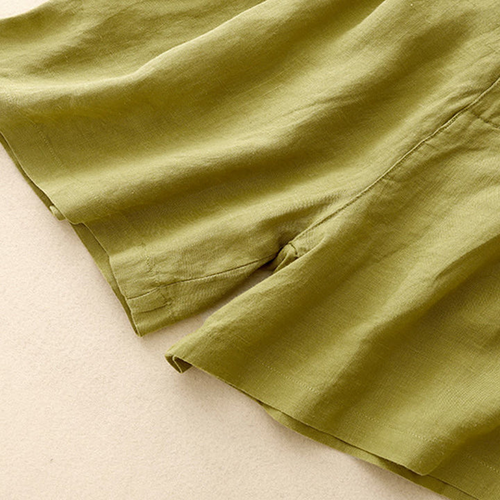 Buddha Stones Summer Casual Embroidery Flower Pleated Zipper Button Cotton Linen Women's Shorts With Pockets - image 6