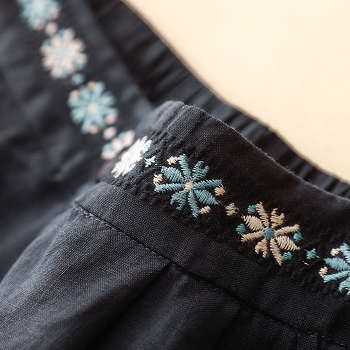 Buddha Stones Summer Casual Embroidery Flower Pleated Zipper Button Cotton Linen Women's Shorts With Pockets - image 18