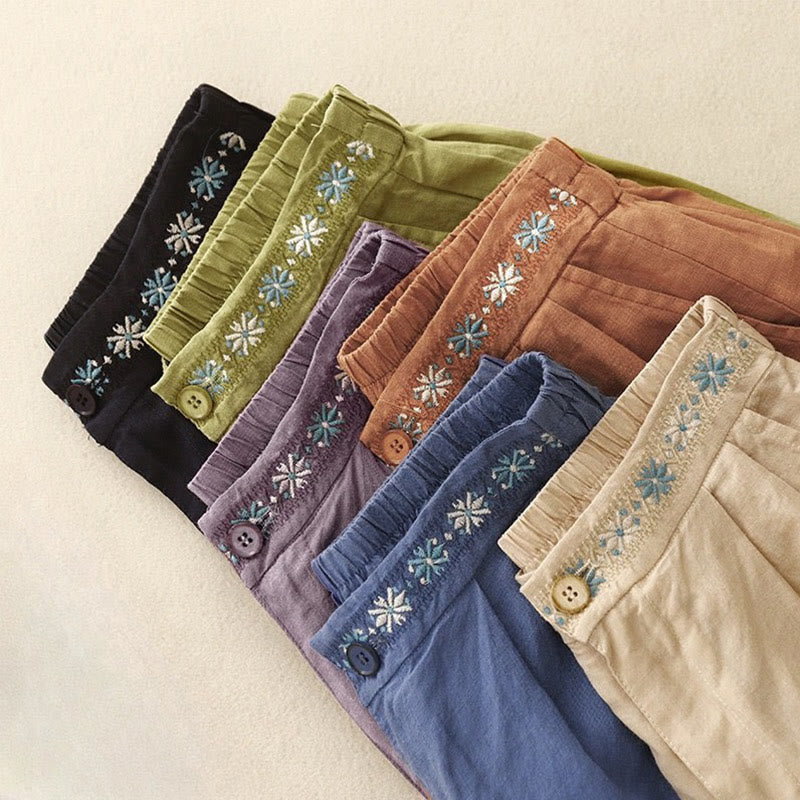 Buddha Stones Summer Casual Embroidery Flower Pleated Zipper Button Cotton Linen Women's Shorts With Pockets - image 28