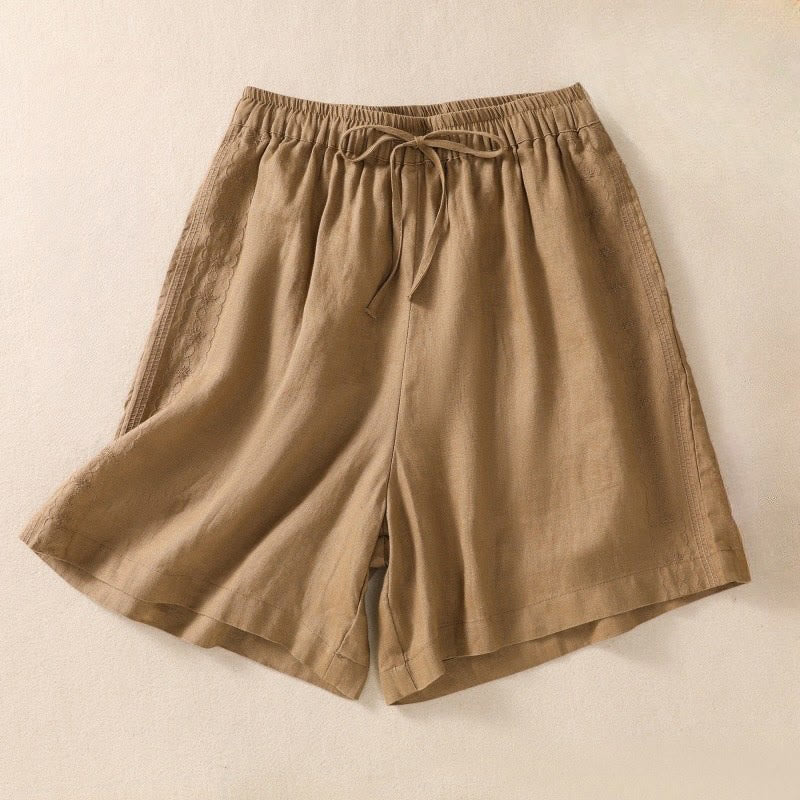 Buddha Stones Casual Floral Embroidery Pattern Drawstring Cotton Linen Women's Shorts With Pockets - Peru - US8-10，UK/AU12-14，EU40-42 (2XL) - image 6