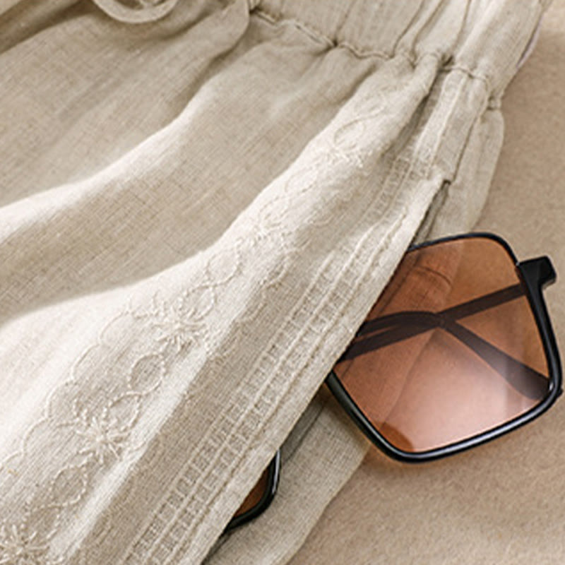 Buddha Stones Casual Floral Embroidery Pattern Drawstring Cotton Linen Women's Shorts With Pockets - image 12