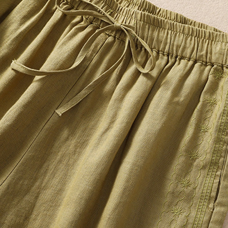 Buddha Stones Casual Floral Embroidery Pattern Drawstring Cotton Linen Women's Shorts With Pockets - image 17