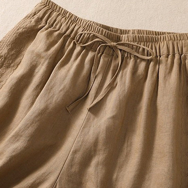 Buddha Stones Casual Floral Embroidery Pattern Drawstring Cotton Linen Women's Shorts With Pockets - image 8