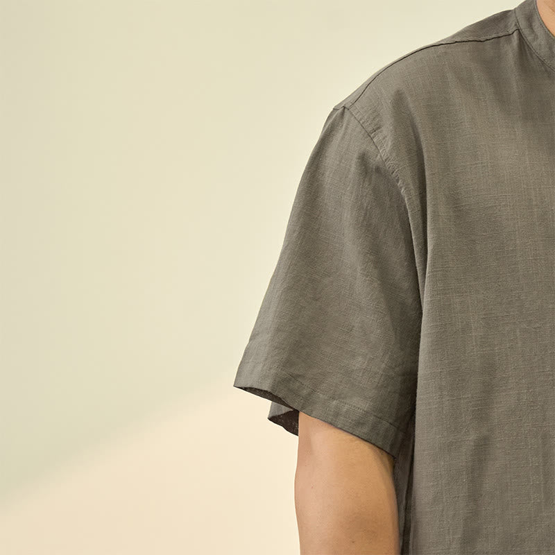 Buddha Stones Men's Summer Solid Color Short Sleeve Half Button Cotton Linen Shirt - image 1