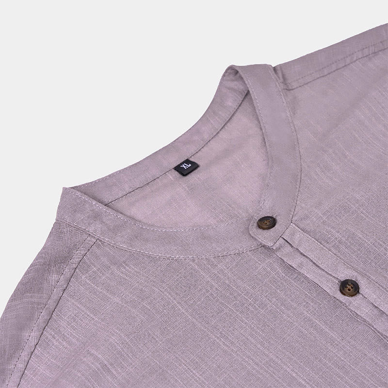 Buddha Stones Men's Summer Solid Color Short Sleeve Half Button Cotton Linen Shirt - image 14