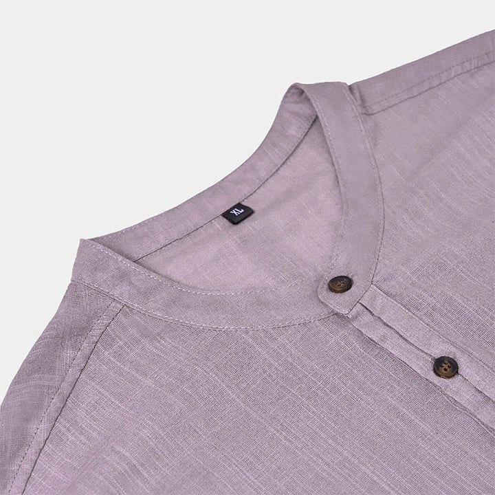 Buddha Stones Men's Summer Solid Color Short Sleeve Half Button Cotton Linen Shirt - image 14