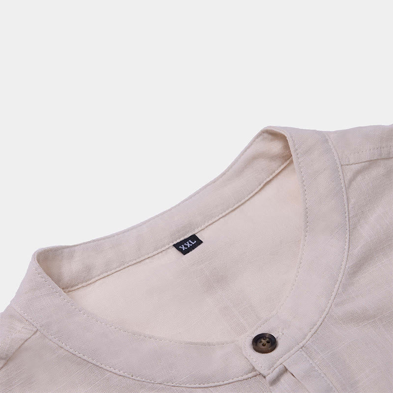 Buddha Stones Men's Summer Solid Color Short Sleeve Half Button Cotton Linen Shirt - image 20