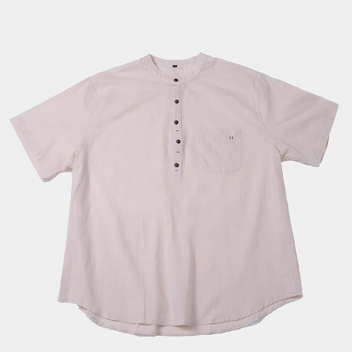Buddha Stones Men's Summer Solid Color Short Sleeve Half Button Cotton Linen Shirt - image 19
