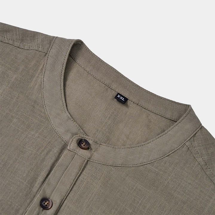 Buddha Stones Men's Summer Solid Color Short Sleeve Half Button Cotton Linen Shirt - image 7