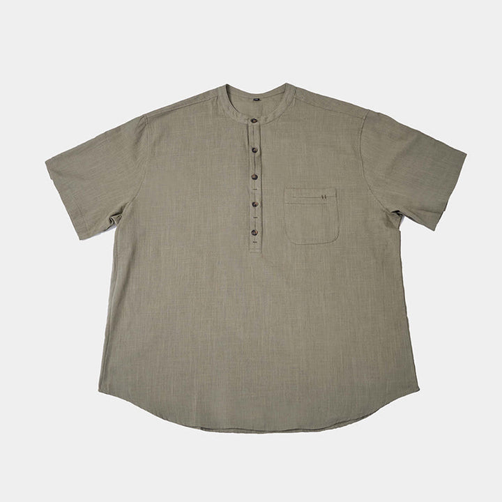 Buddha Stones Men's Summer Solid Color Short Sleeve Half Button Cotton Linen Shirt - image 4