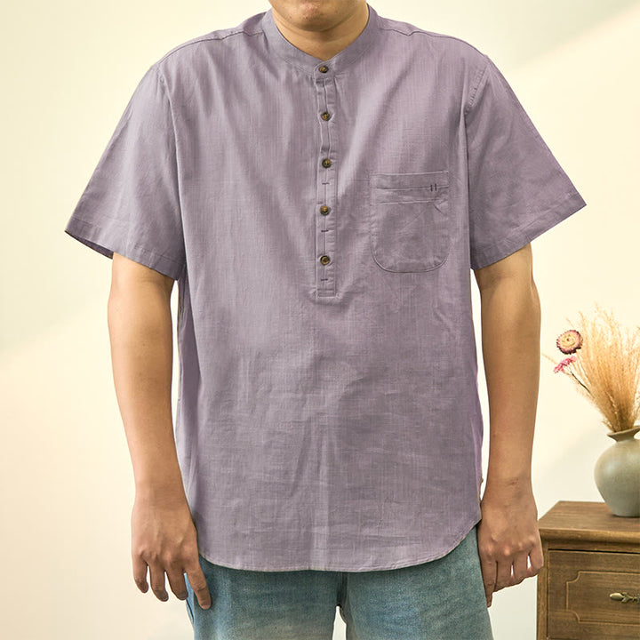 Buddha Stones Men's Summer Solid Color Short Sleeve Half Button Cotton Linen Shirt - LightGrey - US/UK/AU40，EU50 (2XL) - image 12