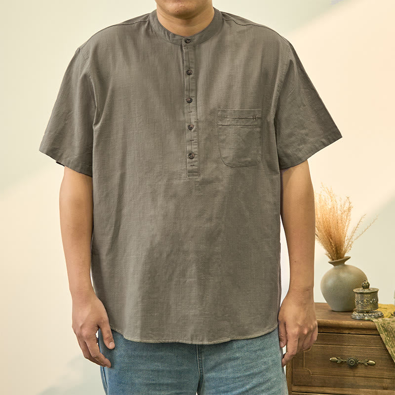 Buddha Stones Men's Summer Solid Color Short Sleeve Half Button Cotton Linen Shirt - DarkSeaGreen - US/UK/AU40，EU50 (2XL) - image 0