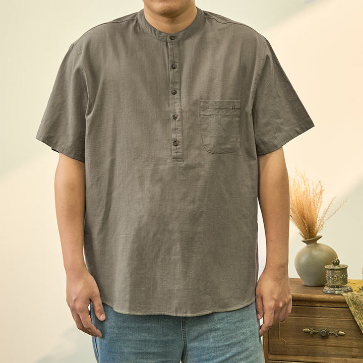 Buddha Stones Men's Summer Solid Color Short Sleeve Half Button Cotton Linen Shirt - DarkSeaGreen - US/UK/AU40，EU50 (2XL) - image 0