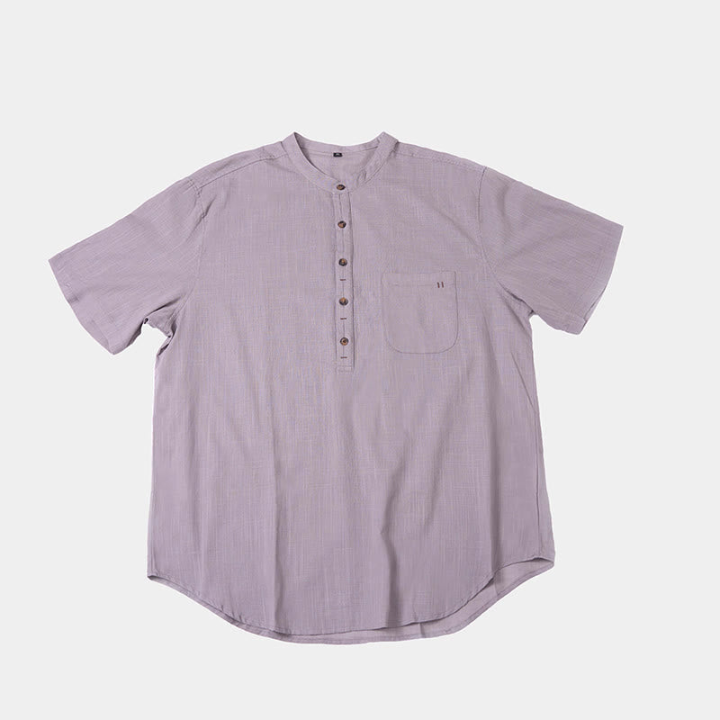 Buddha Stones Men's Summer Solid Color Short Sleeve Half Button Cotton Linen Shirt - image 13
