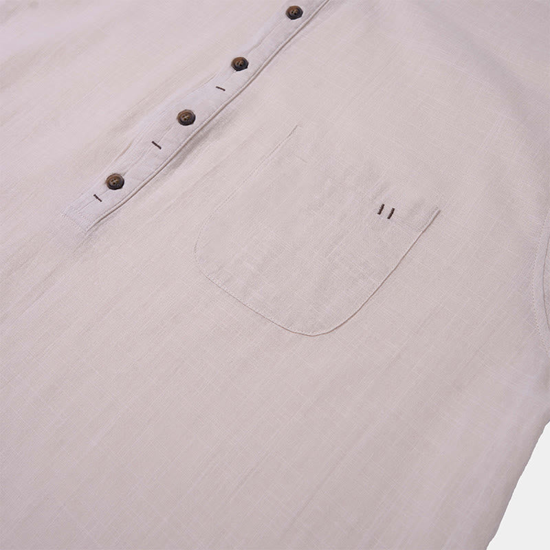 Buddha Stones Men's Summer Solid Color Short Sleeve Half Button Cotton Linen Shirt - image 21