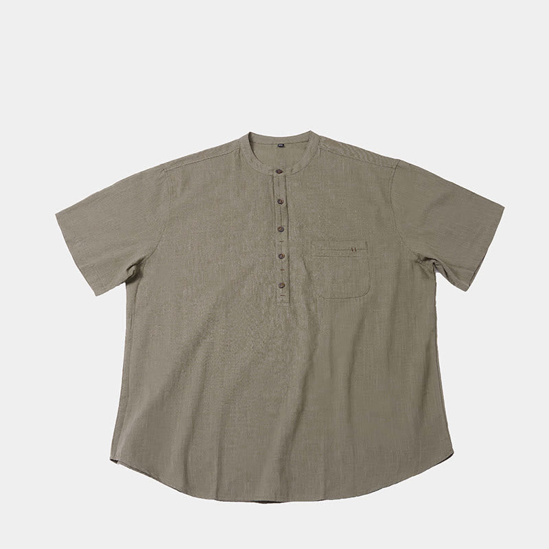 Buddha Stones Men's Summer Solid Color Short Sleeve Half Button Cotton Linen Shirt - image 5