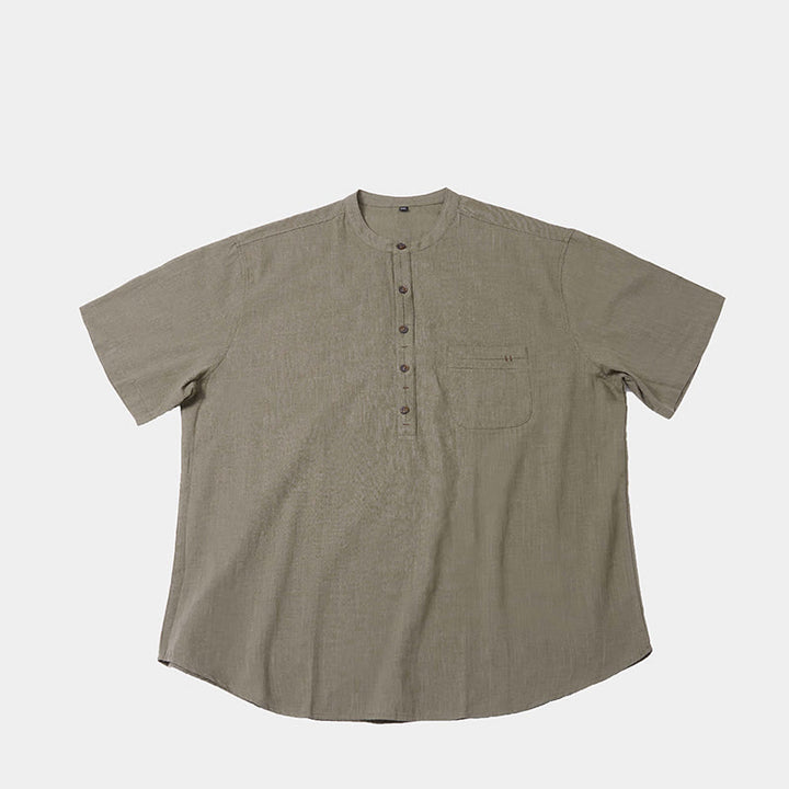 Buddha Stones Men's Summer Solid Color Short Sleeve Half Button Cotton Linen Shirt - image 5