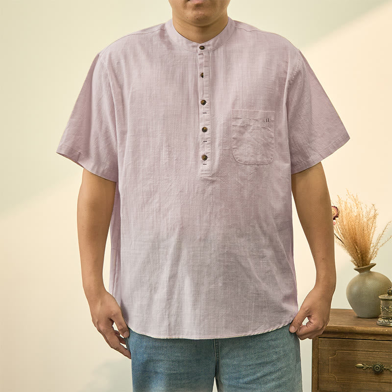Buddha Stones Men's Summer Solid Color Short Sleeve Half Button Cotton Linen Shirt - Linen - US/UK/AU40，EU50 (2XL) - image 18