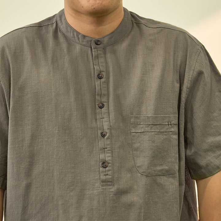 Buddha Stones Men's Summer Solid Color Short Sleeve Half Button Cotton Linen Shirt - image 2