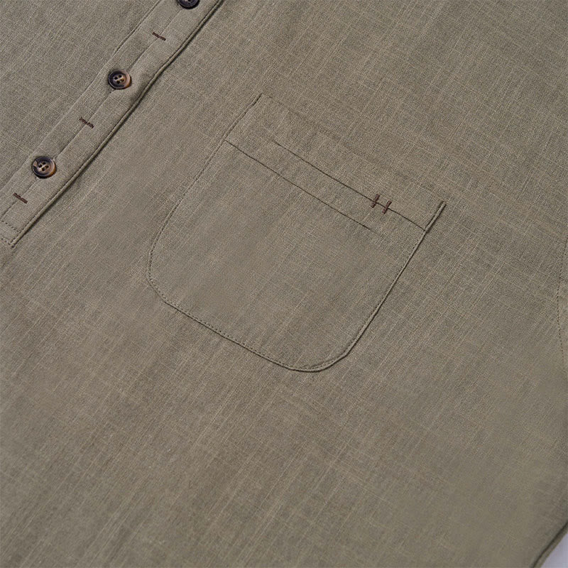 Buddha Stones Men's Summer Solid Color Short Sleeve Half Button Cotton Linen Shirt - image 9