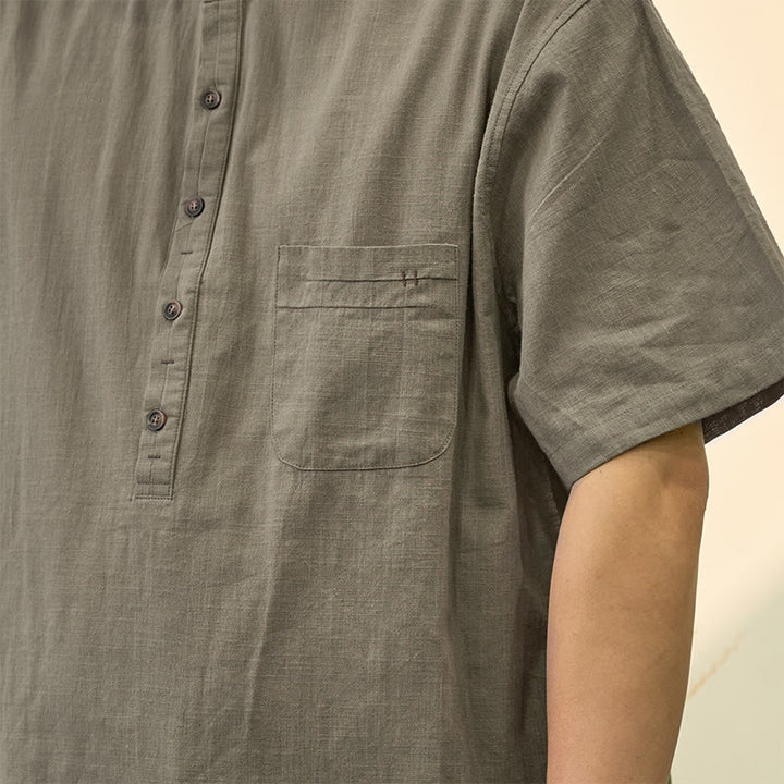 Buddha Stones Men's Summer Solid Color Short Sleeve Half Button Cotton Linen Shirt - image 3
