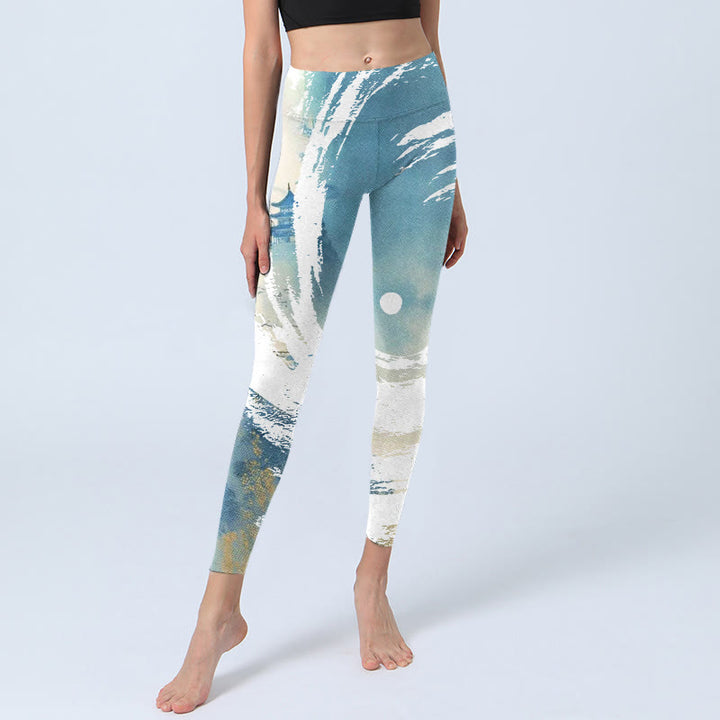 Buddha Stones Blue White Beige Wave Graffiti Print Sports Fitness Leggings Women's Yoga Pants - image 5