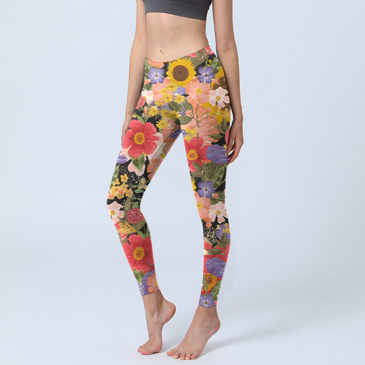 Buddha Stones Sunflowers Pink Purple Flowers Print Sports Fitness Leggings Women's Yoga Pants - Black - US18，UK/AU22，EU50 (4XL) - image 0