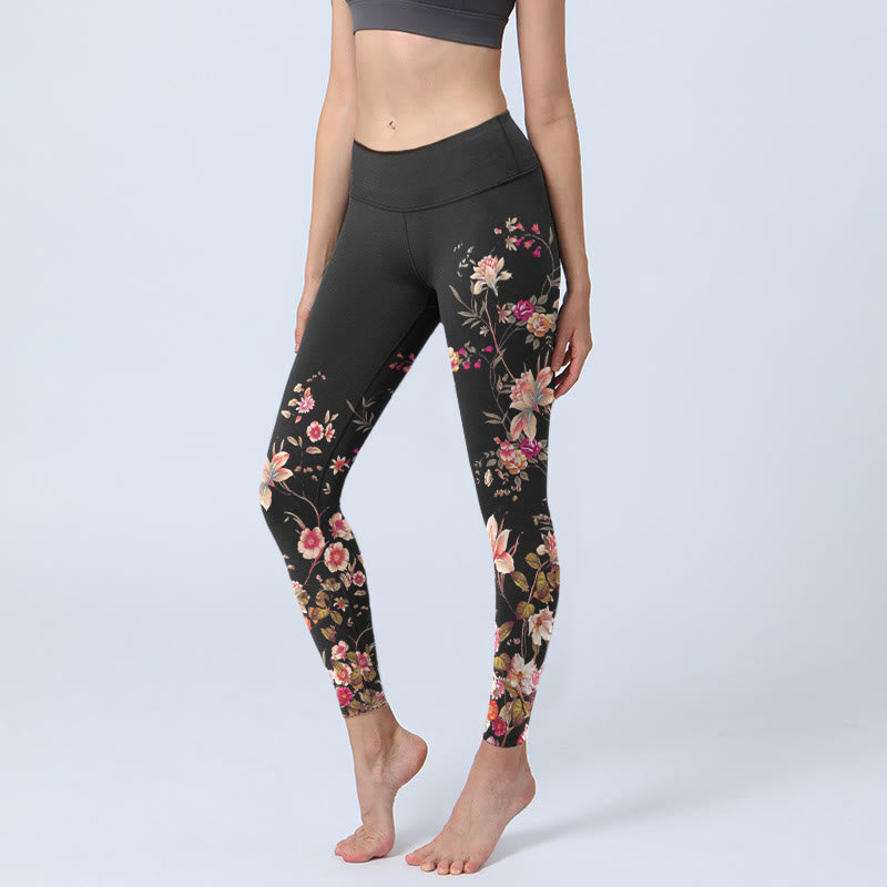 Buddha Stones Pink Roses Beige Flowers Print Gym Fitness Leggings Women's Yoga Pants - Black - US18，UK/AU22，EU50 (4XL) - image 0