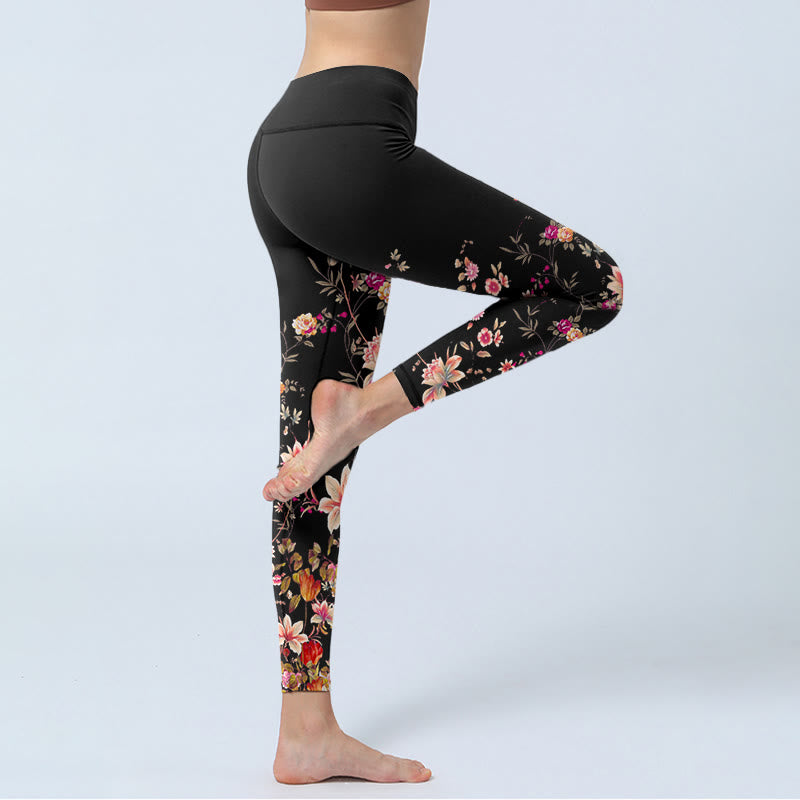 Buddha Stones Pink Roses Beige Flowers Print Gym Fitness Leggings Women's Yoga Pants - image 3