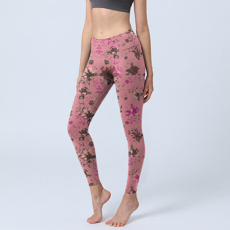 Buddha Stones Red Roses Pink Leaves Print Sports Fitness Leggings Women's Yoga Pants - PaleVioletRed - US18，UK/AU22，EU50 (4XL) - image 0