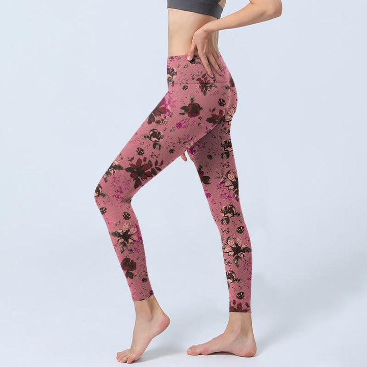Buddha Stones Red Roses Pink Leaves Print Sports Fitness Leggings Women's Yoga Pants - image 2