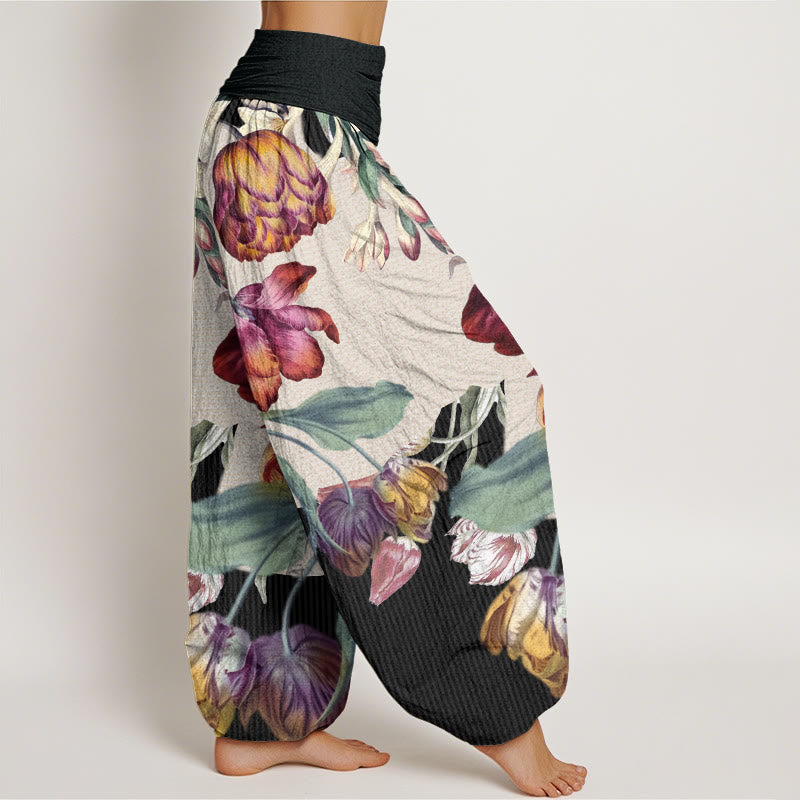 Buddha Stones Tulips Green Leaves Design Women's Elastic Waist Harem Pants - image 2