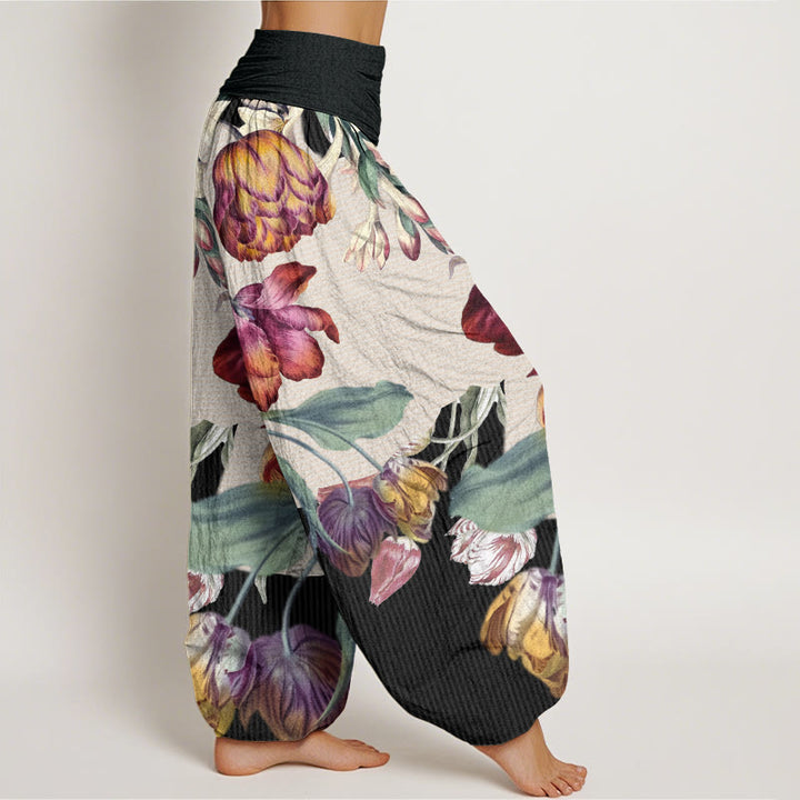 Buddha Stones Tulips Green Leaves Design Women's Elastic Waist Harem Pants - image 2