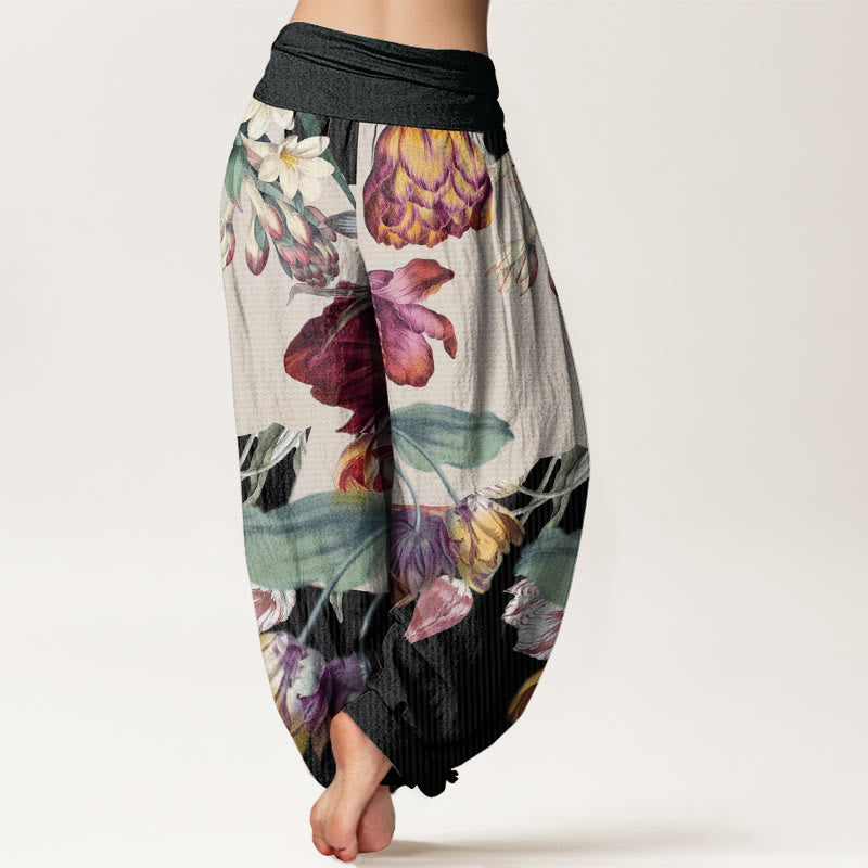 Buddha Stones Tulips Green Leaves Design Women's Elastic Waist Harem Pants - image 1