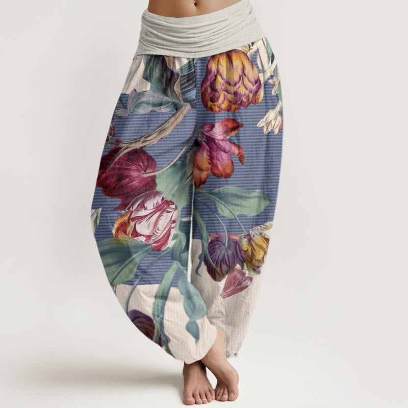 Buddha Stones Tulips Green Leaves Design Women's Elastic Waist Harem Pants - Beige - US22，UK/AU26，EU54 (6XL) - image 4