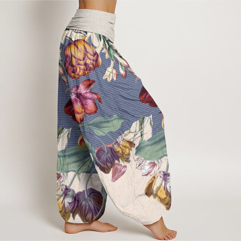 Buddha Stones Cotton Tulips Green Leaves Design Women's Elastic Waist Harem Pants - image 6