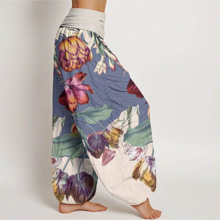 Buddha Stones Cotton Tulips Green Leaves Design Women's Elastic Waist Harem Pants - image 6